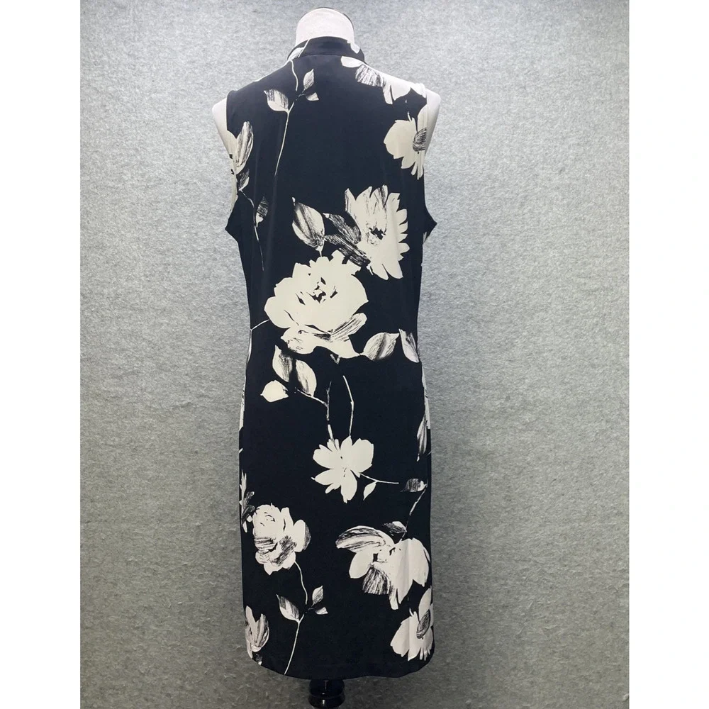 White House Black Market Floral Dress L Blk/Wht V Neck Stretch Midi Sleeveless